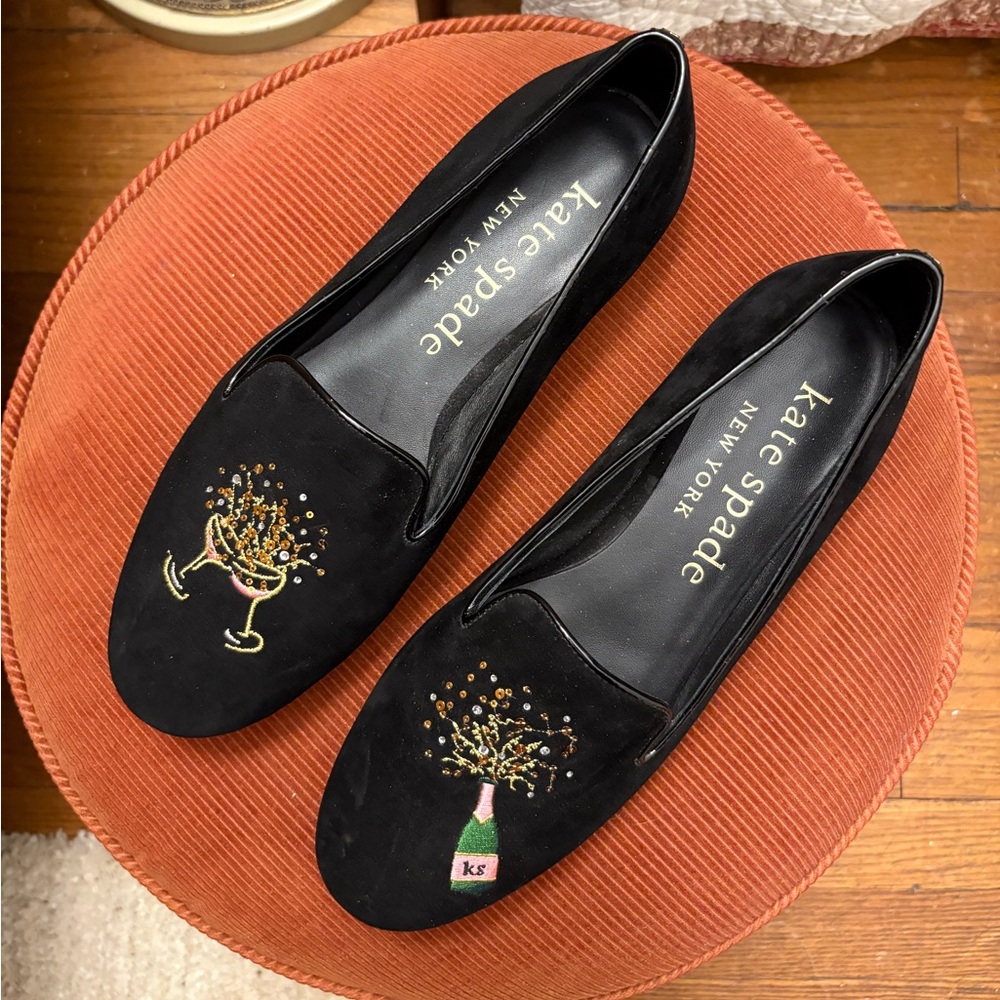 Kate Spade Black Loafers with Gold Embroidery